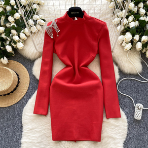 Túnica Sexy de invierno, vestido Midi informal ajustado para mujer, manga larga, diamantes, ahueca hacia fuera, sin espalda, borla, encaje, Vestidos rojos <span class=keywords><strong>Bla</strong></span> - Product Image 1