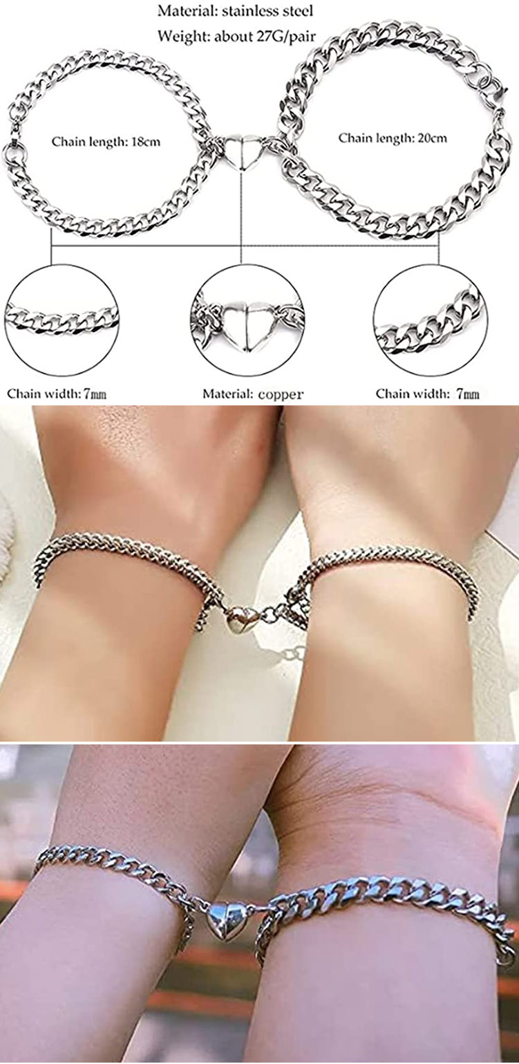 wholesale fashion heart couple bracelet stainless steel cuban chain magnetic bracelet for couples