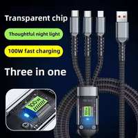 Câble de données 3 en 1, 100W USB Type-C, câble tressé à charge rapide avec lumière