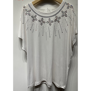 Blusa bianca da donna all'ingrosso con ritagli floreali ricamati a maniche corte tessuto di raso/seta XL larghi vestiti lunghi lunghi lunghi - Product Image 1