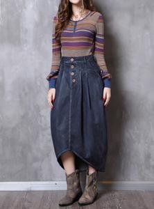 Style Vintage Bouton Up Ballon Falfalda Asymétrique Ourlet Puffy Midi Jupes Femmes Denim Bleu Jupe - Product Image 3