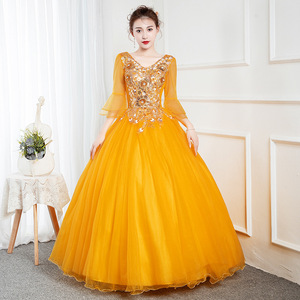 Golden Yellow Long Evening Gown With Embellished Bodice And Puffy Skirt For Women Stage <b>Performance</b> <b>Wear</b> - Product Image 3