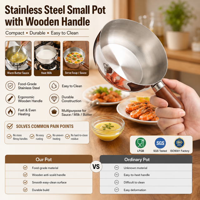 Custom Logo 304 Stainless Steel Saucepan with Wooden Handle Induction Compatible Factory Direct Wholesale for Kitchen Brands