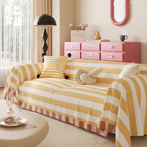 Faqing Korean Style Sofa <b>Cover</b> Printed Stripe Elastic <b>Stretch</b> Imitation Linen Full Coverage For Modular Sofa Living Room Use - Product Image 2