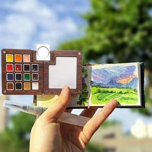 Mini ensemble de voyage <span class=keywords><strong>aquarelle</strong></span> avec <span class=keywords><strong>palette</strong></span> de pinceaux de boîte de peinture en bois Kit non toxique de 15 couleurs pour les artistes débutants - Product Image 3
