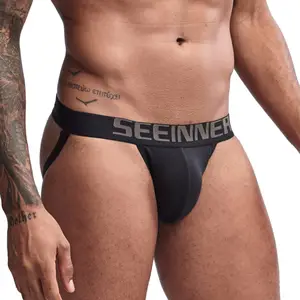 Sexi Gays Custom Black Printed Gay Underwear Jockstraps Custom Dropshipping Homme With Cup Sexy Mens Transparent Jockstrap For Men