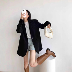Blazer da donna stile coreano a mezza lunghezza, giacca nera elegante per il lavoro, cappotto alla moda slim fit - Product Image 2