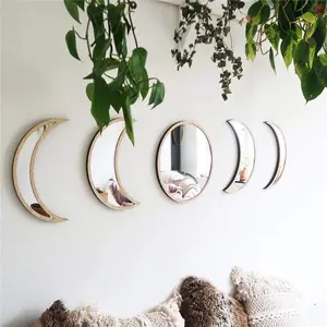 5PCS Wooden Acrylic Interior Display Half Moon Phase Wall Hanging Decorative Framed Mirror Set For Living Room