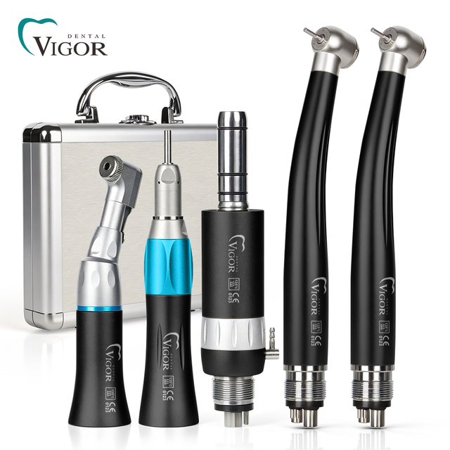 High Speed Dental Handpiece Set with Low Speed Air Motor Contra Angle Straight Kit Colorful 4 Hole