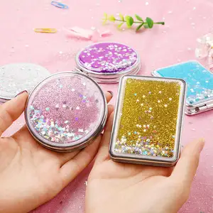 Outdoor Mini Makeup Pocket Compact Cosmetic Mirror Liquid Floating Quicksand Glitter Small Makeup Mirror