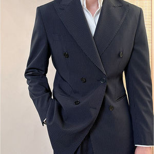 Vendita calda <span class=keywords><strong>doppiopetto</strong></span> abiti da lavoro classici da uomo nero a righe grigie abiti da sposa formali con cerniera pantaloni mosca - Product Image 4
