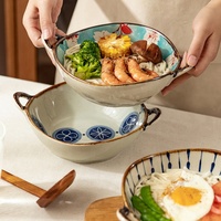 Bol à soupe en céramique anti-brûlure personnalisé de style japonais avec motif floral irrégulier et doubles poignées