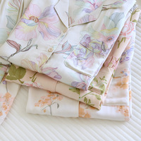 Pyjama Femme à Manches Longues en Satin Rayonne de Haute Qualité, Imprimé Floral, Col Revers, Doux Poudre Légère Romantique pour Usage Domestique