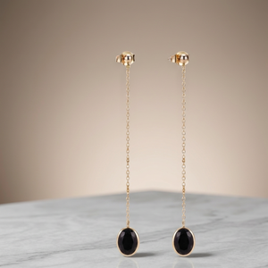 Boucles d'oreilles pendantes en argent tibétain plaqué or 18 carats avec onyx noir, serti clos, tendance, pour mariage, fête, cadeau - Product Image 2