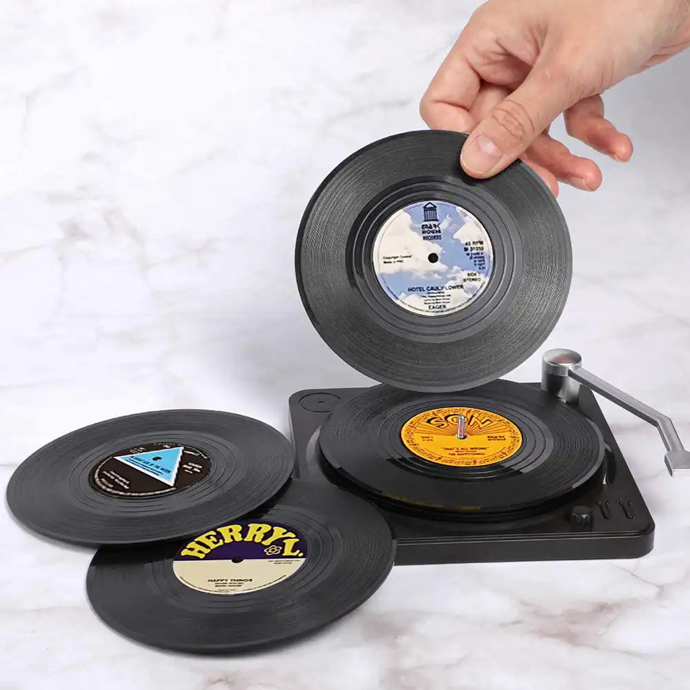 Set of 6 for Drinks Music Coasters with Vinyl Player Holder Retro Record Disk Coaster Mug Pad Mat Creative