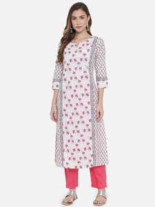 Ensemble Kurti pour femme en coton à imprimé floral fait main, avec bordure contrastante, manches trois quarts, coupe classique, robe de soirée - Product Image 4