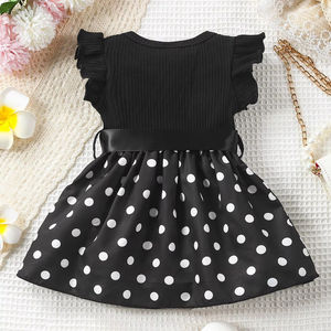Vestido de Princesa de Verano para Niñas, Ecológico, de Poliéster/Algodón, con Estampado de Puntos, Manga con Volantes, Cuello Redondo, Estilo Casual, Corte en A - Product Image 1