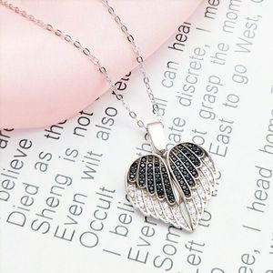 Kalung Rantai Panjang Hati Sayap Bulu Perak Sterling 925 untuk Wanita Liontin Cinta Malaikat Membuat Perhiasan Choker - Product Image 5