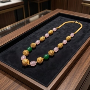 Antique 925 Silver <b>Necklace</b> with Pink and Green Beads Long Chain Mala <b>Statement</b> Jewelry for Women Wedding Party Wear - Product Image 4