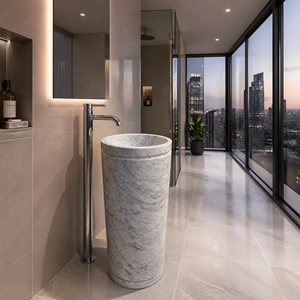 Freestanding Vessel Pedestal Sink White Carrara Marble Polished Contemporary Bathroom Basin Single Hole Knob Faucet - Product Image 6
