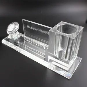 2023 Exquisite office decorations K9 crystal Glass Cube Pen Holder with Clock