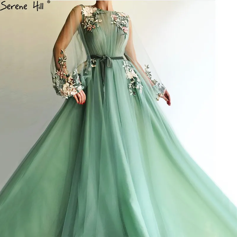 Serene Hill-Vestidos largos de noche de flores hechos A mano para mujer, vestidos de fiesta con abertura, color verde menta, línea A, 2021, LA6661