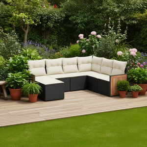 Ensemble de canapés de jardin en rotin noir 6 places, mobilier d'extérieur avec panneaux en teck, design contemporain, résistant aux intempéries - Product Image 2