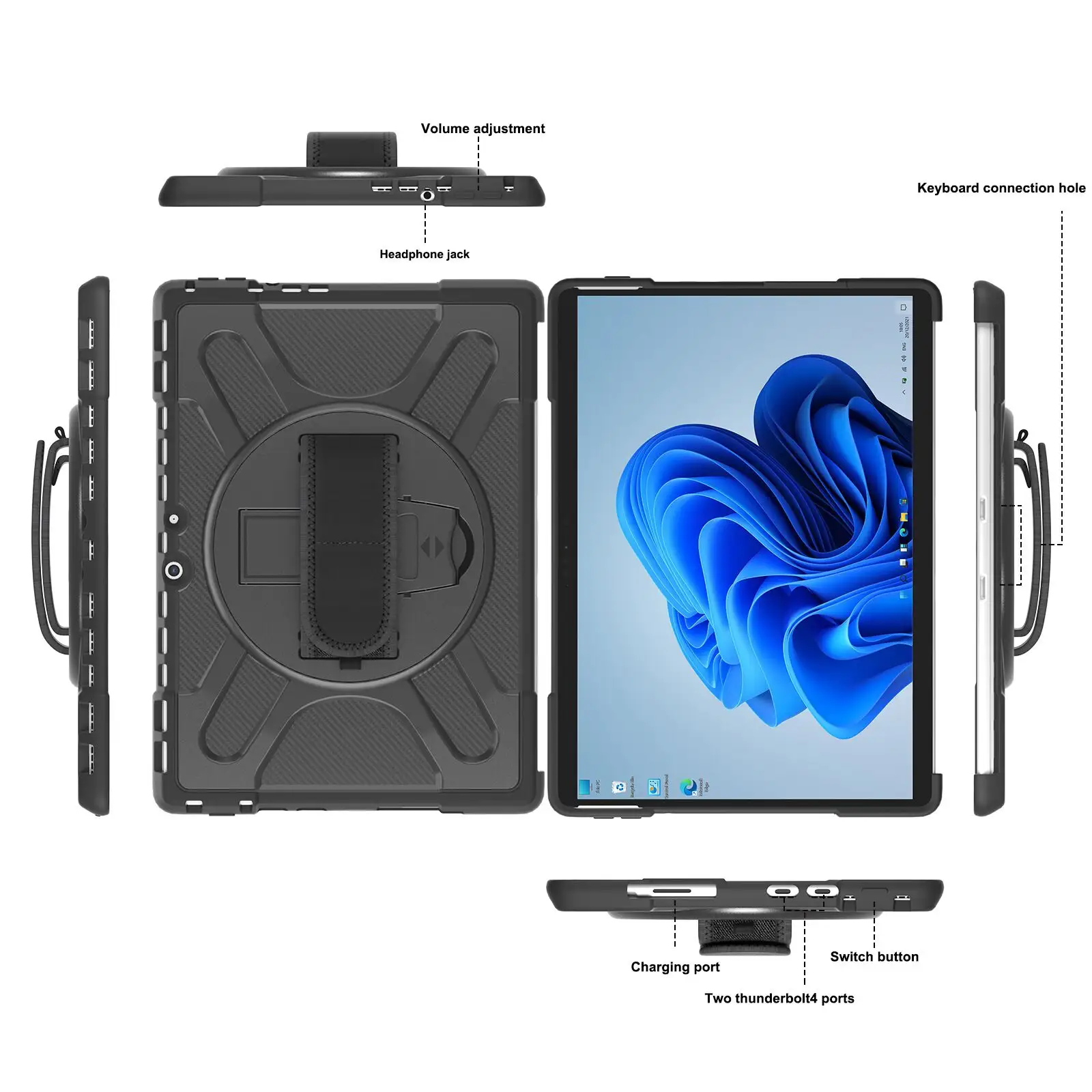For Microsoft Surface Pro 8 13 Inch Heavy Duty Hybrid Rugged 360 Rotating Hand Strap Fold Kickstand Tablet Protective Case Cover