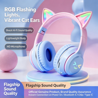 Headphone Wireless Kucing Lucu Macaron Laris Manis dengan LED BT5.3, Headphone Gaming Over-Ear Stereo Hifi Lipat Berkabel