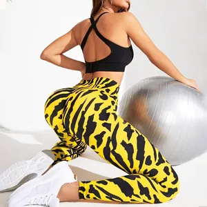 Celana olahraga wanita elastis tinggi, celana legging yoga motif macan tutul cepat kering, celana ketat pinggang tinggi elastis aktif kustom