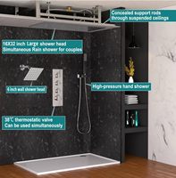 Système de Douche Thermostatique Double avec Douche Pluie 16x32" + 6" à Fixation Plafond/Mur, Finition Chrome Luxe, Laiton et Acier Inoxydable, Tout Inclus