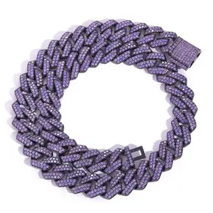 BES New Design Hip Hop Jewelry 15mm Two Rows Purple CZ Stone Brass Miami Cuban Link Chain Rapper Men Necklace