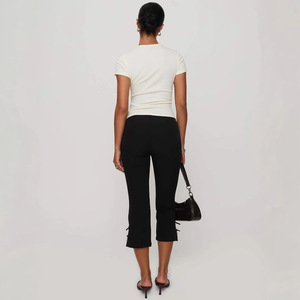 Pantalon Capri Noir Uni Taille Haute pour <span class=keywords><strong>Femme</strong></span>, Coupe Slim Extensible en Maille, Longueur 7/8, Évasé et Bootcut - Product Image 4