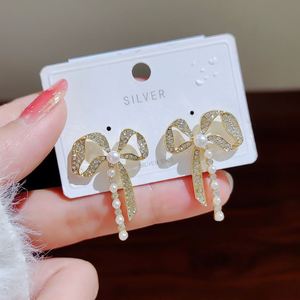Wholesale Women Japanese and Korean Sweet Net <b>Red</b> Bow Pearl Diamonds Gold Plated <b>Earrings</b> - Product Image 3