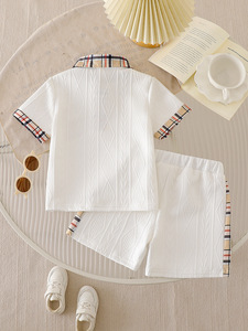 Ensemble deux pièces été 2026 pour garçon : T-shirt à <span class=keywords><strong>carreaux</strong></span> et short patchwork - Product Image 2
