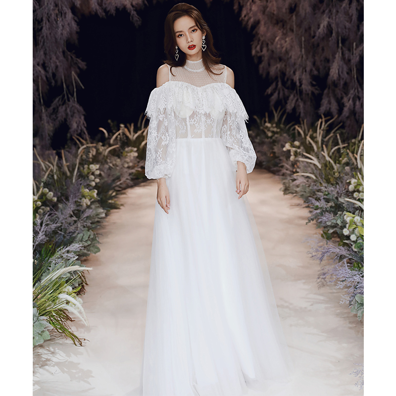 green emerald velvet dress White Modest Lace Wedding Dress main image 1