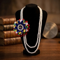 Collier de charme OES maçonnique pour femme avec perles imitation, cristaux, strass, motif floral, chaîne en alliage de zinc et polyester