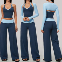 Ensemble de sport Bnice 9639 3 pièces : tenue de yoga avec débardeur court dos nu, boléro à manches longues et pantalon taille haute à jambes larges – Vêtements de sport