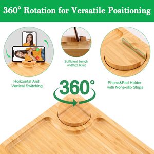 ถาดวางโซฟาไม้ไผ่สีธรรมชาติ พร้อมที่วางโทรศัพท์หมุนได้ 360 องศา ถาดวางโซฟาแบบพกพาสำหรับที่วางแขนโซฟาหลากหลายรุ่น - Product Image 4