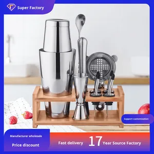 In Stock Modern and Simple Stainless Steel Cocktail <b>Shaker</b> Set Combination <b>Shaker</b> Bar Tools <b>Boston</b> <b>Shaker</b> with Bamboo Stand - Product Image 5