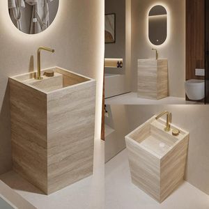 Luxury Marble Design Pedestal Beige Travertine Basin Natural Marble Wash Hand Basin Freestanding Pedestal <b>Sink</b> <b>for</b> Hotel - Product Image 6