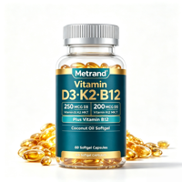 Complément alimentaire Metrand Private Label Vitamine D3 K2 MK7 B12 en gélules à l'huile de coco pour la santé des os, du système immunitaire et du cœur, 60 capsules