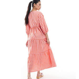 Abito di design da donna alla <span class=keywords><strong>moda</strong></span> con stampa a quadretti <span class=keywords><strong>Maxi</strong></span> abito Casual elegante con scollo a V 3/4 manica a lanterna abiti in cotone modesto - Product Image 6