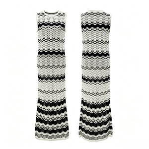 Robe longue tricotée pour <span class=keywords><strong>femme</strong></span>, motif chevron noir <span class=keywords><strong>et</strong></span> blanc, sans manches, à rayures ondulées, col rond, dégradé, en maille pointelle - Product Image 4