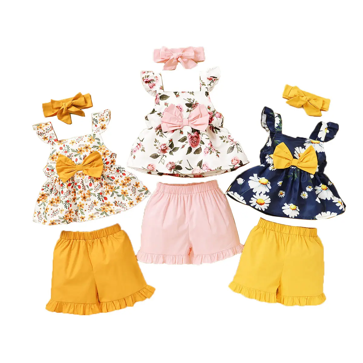 Set Pakaian Musim Panas Anak Perempuan, Tiga Potong Atasan Selempang Lengan Terbang Simpul Kupu-kupu + Celana Pendek Warna Polos + Set Pakaian Musim Panas untuk Perempuan
