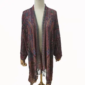 Kustom Pashmina syal Poncho musim gugur musim dingin Kimonos wanita terbuka depan Poncho Cape dengan lengan buatan tangan pashmina kimono