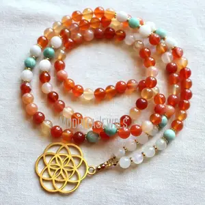 MN44231 Natural Gemstone Carnelian Moonstone 108 Mala Beads Flower Of Life Charm Necklace Spiritual Meditation Yoga Jewelry