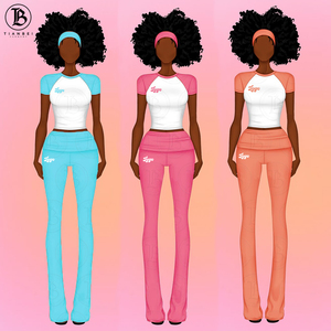 Ensemble de vêtements de yoga pour femmes en deux pièces, avec logo personnalisé, bandeau, t-shirt à manches courtes en coton et pantalon évasé, ensembles de vêtements de détente en deux pièces - Product Image 1