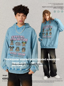 <span class=keywords><strong>Felpa</strong></span> <span class=keywords><strong>con</strong></span> <span class=keywords><strong>Cappuccio</strong></span> Oversize in Cotone 100% 420g, Stile Americano, Serie <span class=keywords><strong>Blu</strong></span> Vintage <span class=keywords><strong>con</strong></span> Stampa Effetto Invecchiato per <span class=keywords><strong>Uomo</strong></span>, Personalizzabile all'Ingrosso - Product Image 3