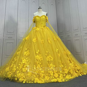 Vestido de Gala Jancember LSMU164 Amarillo Brillante con Hombros Descubiertos, Diseño Floral 3D, Falda Amplia para Fiesta de Quinceañera - Product Image 1